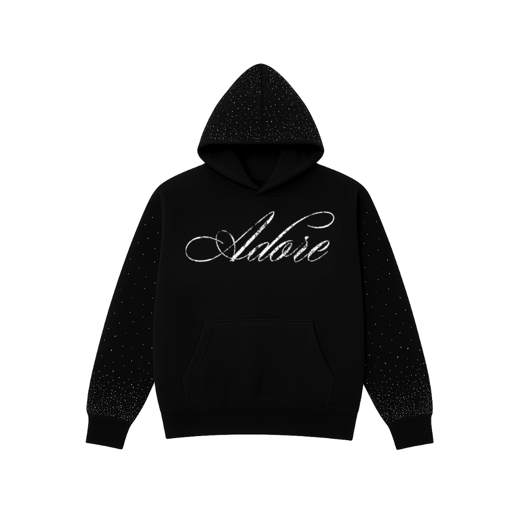 Black bussdown hoodie with 'Adore' logo