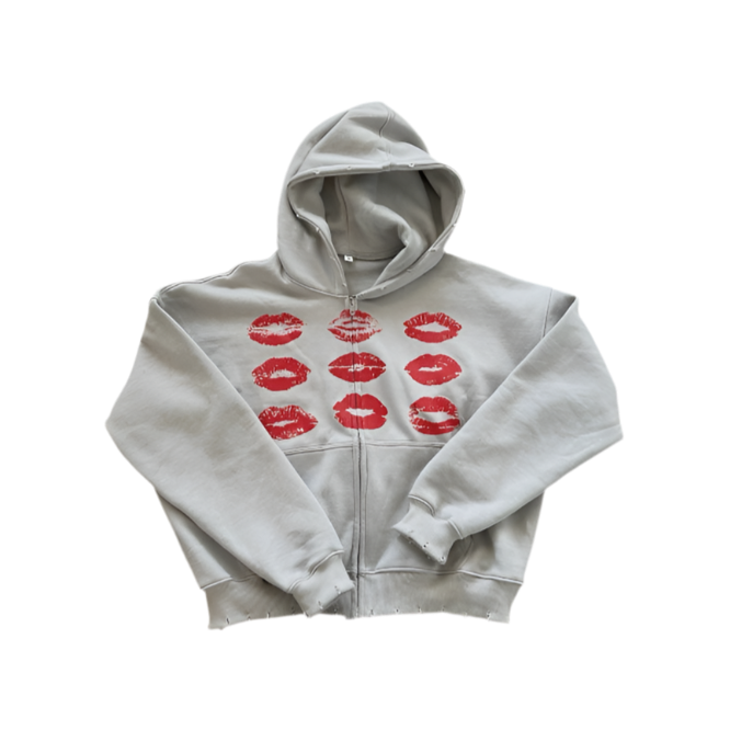 Gray hoodie with red lip prints