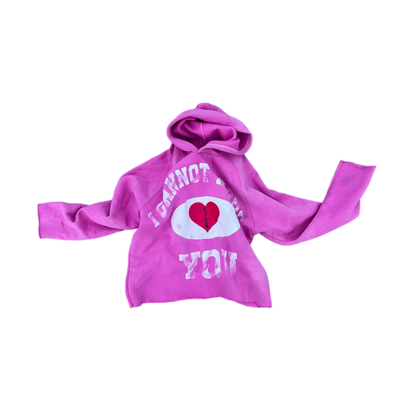 Pink hoodie with a broken heart and 'I CANNOT ADORE YOU' text design